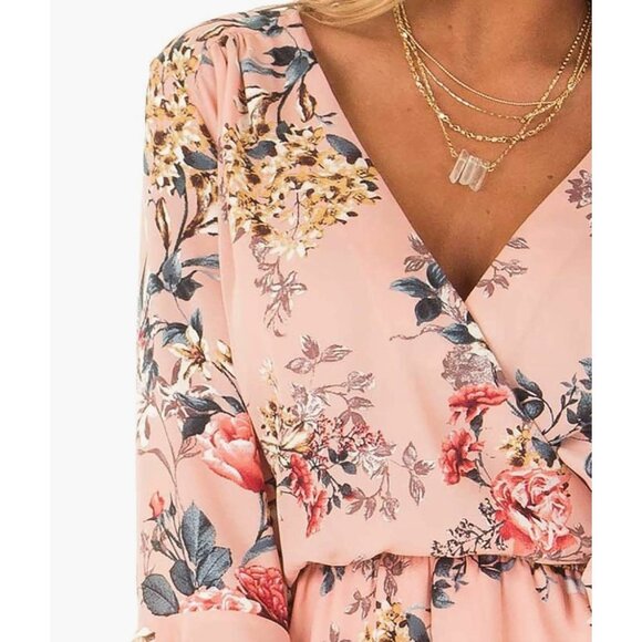 Pink Floral Rose Printed Chiffon Belted Ruffle Long Sleeve Romper Short Dress - Picture 6 of 6